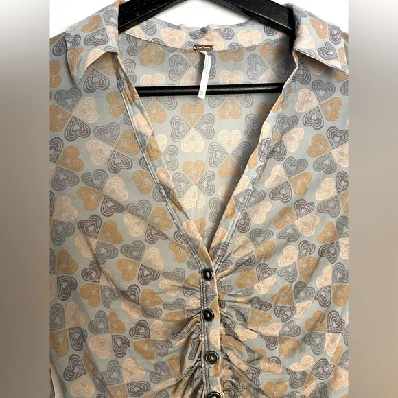 Free People Mesh Rouched Long Sleeve Button Down Blouse Top Heart Print XS - Picture 2 of 7